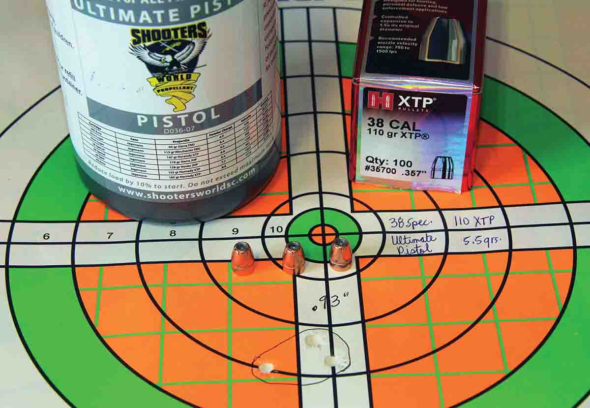 In 38 Special loads, Hornady’s 110-grain XTP hollowpoint shot tightest seated over 5.5 grains of Shooters World Ultimate Pistol. That .93-inch group was sent at 1,011 fps.